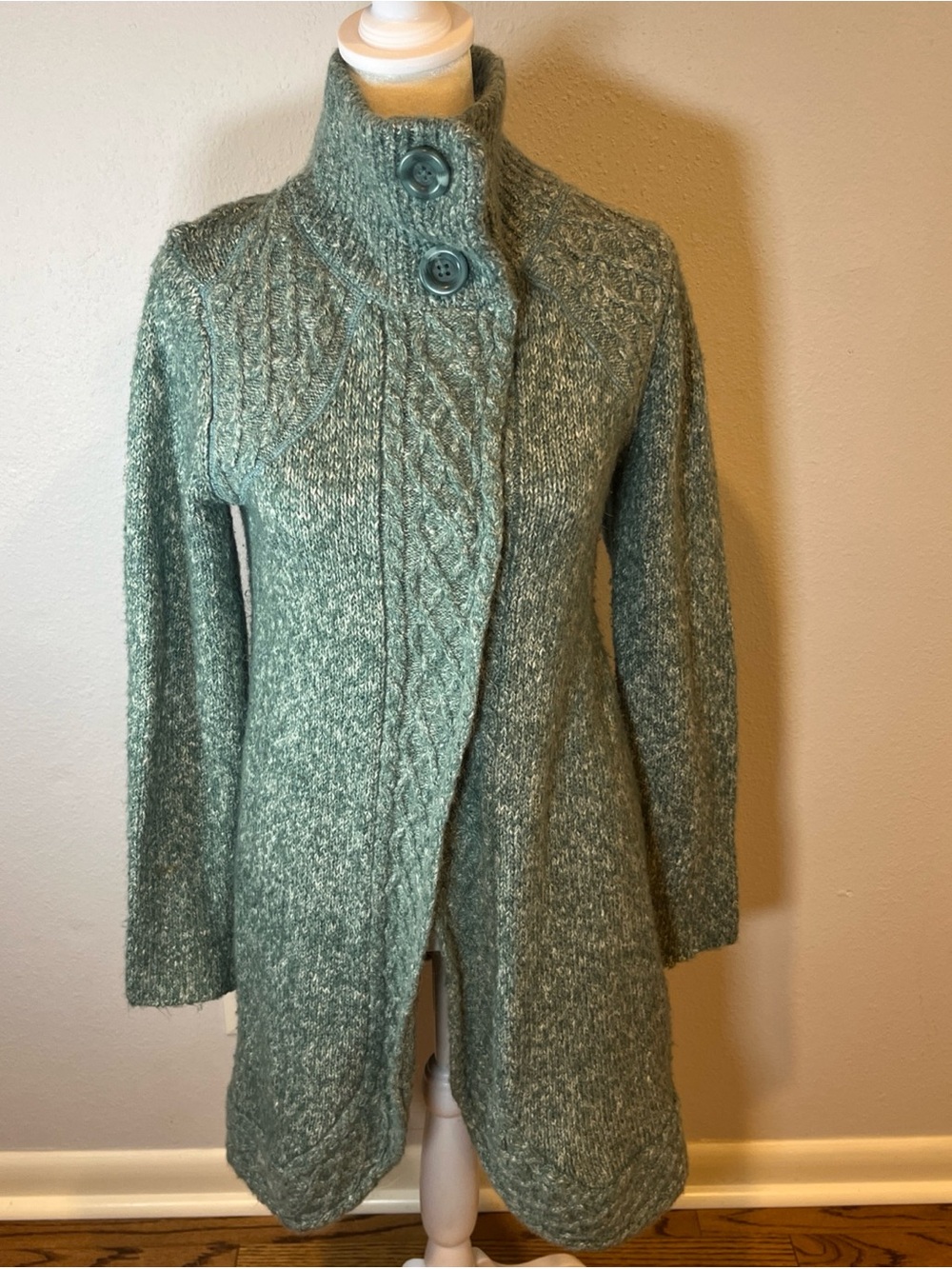 prAna Angelica Duster Sweater S Green Lagenlook Gorpcore Earthy Cable knit Cabin